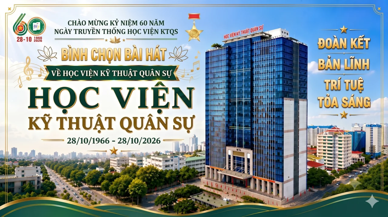 Tranh cổ động đợt bình chọn: tòa nhà Học viện Kỹ thuật quân sự, khẩu hiệu Đoàn kết – Bản lĩnh – Trí tuệ tỏa sáng.